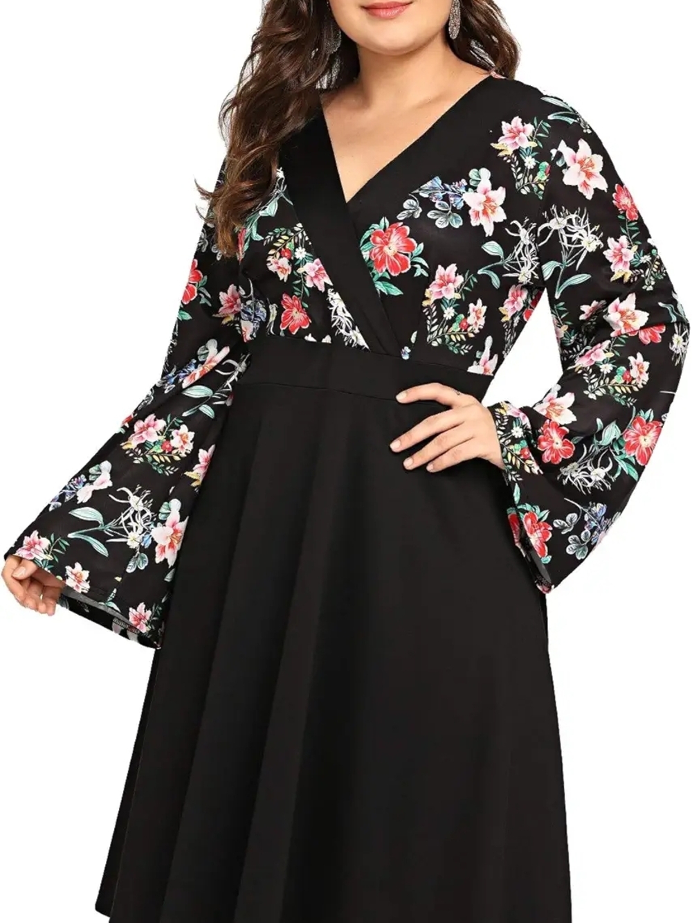 Floral V-Neck Bell Sleeve Black Dress